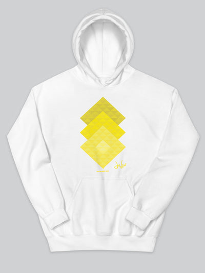 Felpa da uomo - donna con cappuccio, tasca a marsupio, a maniche lunghe. Hoodie in versione bianca con stampa colorata personalizzata incentrata sull’essenza, significato, personalità, psicologia, e proprietà del colore giallo, sugli stimoli prodotti a livello emotivo ed energetico vibrazionale.