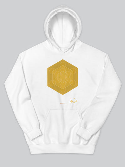 Felpa da uomo - donna con cappuccio, tasca a marsupio, a maniche lunghe. Hoodie in versione bianca con stampa colorata personalizzata incentrata sull’essenza, significato, personalità, psicologia, e proprietà del colore oro, sugli stimoli prodotti a livello emotivo ed energetico vibrazionale.
