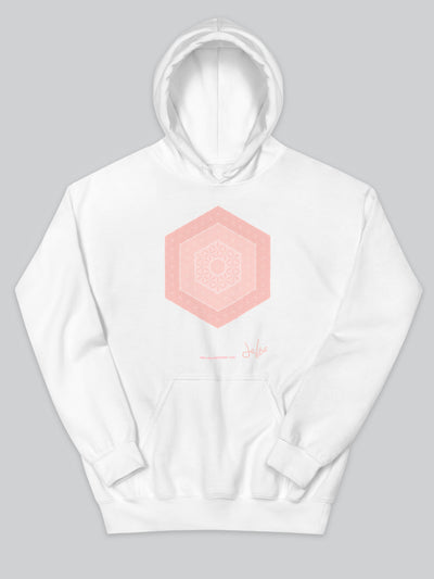Felpa da uomo - donna con cappuccio, tasca a marsupio, a maniche lunghe. Hoodie in versione bianca con stampa colorata personalizzata incentrata sull’essenza, significato, personalità, psicologia, e proprietà del colore rosa, sugli stimoli prodotti a livello emotivo ed energetico vibrazionale.