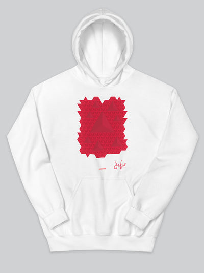 Felpa da uomo - donna con cappuccio, tasca a marsupio, a maniche lunghe. Hoodie in versione bianca con stampa colorata personalizzata incentrata sull’essenza, significato, personalità, psicologia, e proprietà del colore rosso, sugli stimoli prodotti a livello emotivo ed energetico vibrazionale.