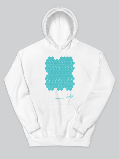 Felpa da uomo - donna con cappuccio, tasca a marsupio, a maniche lunghe. Hoodie in versione bianca con stampa colorata personalizzata incentrata sull’essenza, significato, personalità, psicologia, e proprietà del colore turchese, sugli stimoli prodotti a livello emotivo ed energetico vibrazionale.