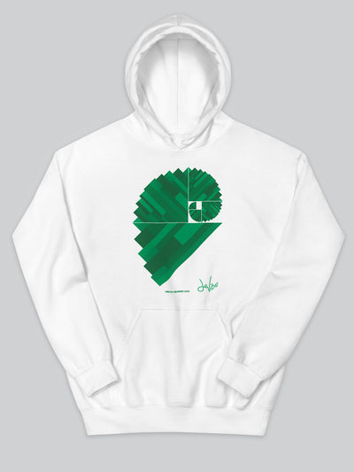 Felpa da uomo - donna con cappuccio, tasca a marsupio, a maniche lunghe. Hoodie in versione bianca con stampa colorata personalizzata incentrata sull’essenza, significato, personalità, psicologia, e proprietà del colore verde, sugli stimoli prodotti a livello emotivo ed energetico vibrazionale.
