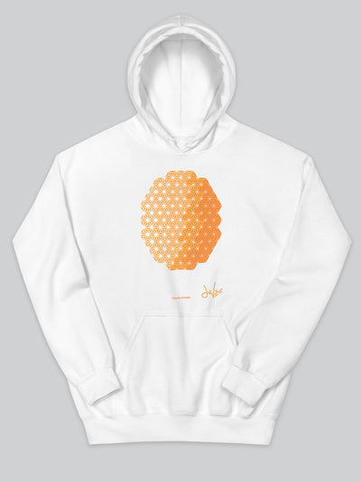 Felpa da uomo - donna con cappuccio, tasca a marsupio, a maniche lunghe. Hoodie in versione bianca con stampa colorata personalizzata incentrata sull’essenza, significato, personalità, psicologia, e proprietà del colore arancione, sugli stimoli prodotti a livello emotivo ed energetico vibrazionale.