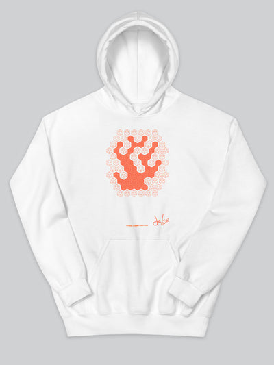Felpa da uomo - donna con cappuccio, tasca a marsupio, a maniche lunghe. Hoodie in versione bianca con stampa colorata personalizzata incentrata sull’essenza, significato, personalità, psicologia, e proprietà del colore corallo, sugli stimoli prodotti a livello emotivo ed energetico vibrazionale.
