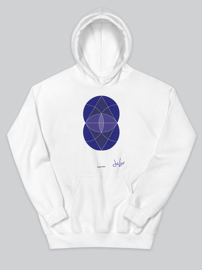 Felpa da uomo - donna con cappuccio, tasca a marsupio, a maniche lunghe. Hoodie in versione bianca con stampa colorata personalizzata incentrata sull’essenza, significato, personalità, psicologia, e proprietà del colore indaco, sugli stimoli prodotti a livello emotivo ed energetico vibrazionale.