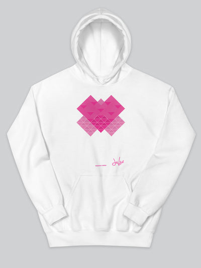 Felpa da uomo - donna con cappuccio, tasca a marsupio, a maniche lunghe. Hoodie in versione bianca con stampa colorata personalizzata incentrata sull’essenza, significato, personalità, psicologia, e proprietà del colore magenta, sugli stimoli prodotti a livello emotivo ed energetico vibrazionale.
