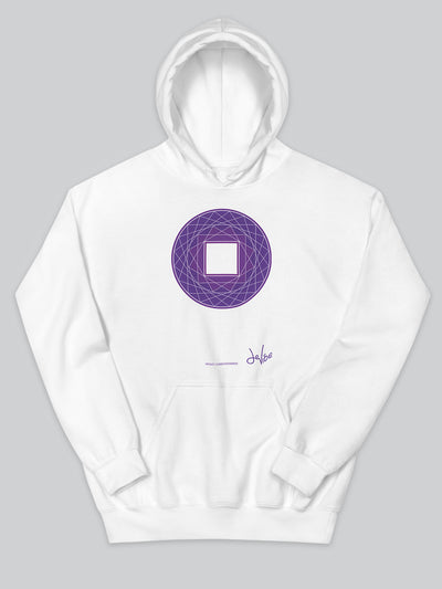 Felpa da uomo - donna con cappuccio, tasca a marsupio, a maniche lunghe. Hoodie in versione bianca con stampa colorata personalizzata incentrata sull’essenza, significato, personalità, psicologia, e proprietà del colore viola, sugli stimoli prodotti a livello emotivo ed energetico vibrazionale.