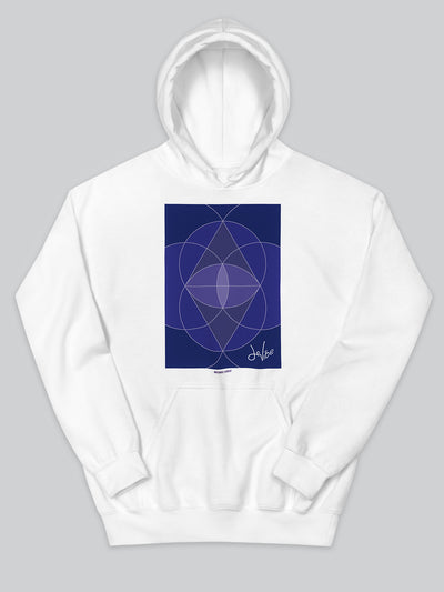 Felpa da uomo - donna con cappuccio, tasca a marsupio, a maniche lunghe. Hoodie in versione bianca con stampa colorata personalizzata incentrata sull’essenza, significato, personalità, psicologia, e proprietà del colore indaco, sugli stimoli prodotti a livello emotivo ed energetico vibrazionale.