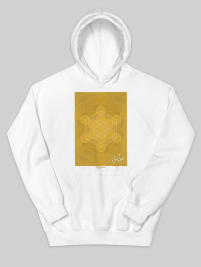 Felpa da uomo - donna con cappuccio, tasca a marsupio, a maniche lunghe. Hoodie in versione bianca con stampa colorata personalizzata incentrata sull’essenza, significato, personalità, psicologia, e proprietà del colore oro, sugli stimoli prodotti a livello emotivo ed energetico vibrazionale.