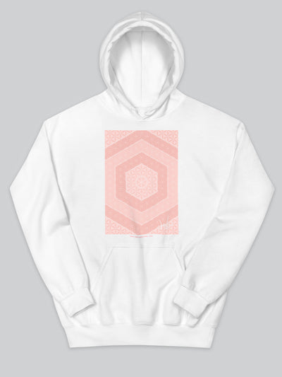 Felpa da uomo - donna con cappuccio, tasca a marsupio, a maniche lunghe. Hoodie in versione bianca con stampa colorata personalizzata incentrata sull’essenza, significato, personalità, psicologia, e proprietà del colore rosa, sugli stimoli prodotti a livello emotivo ed energetico vibrazionale.