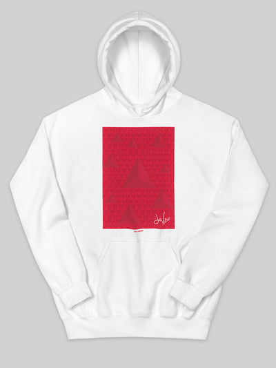 Felpa da uomo - donna con cappuccio, tasca a marsupio, a maniche lunghe. Hoodie in versione bianca con stampa colorata personalizzata incentrata sull’essenza, significato, personalità, psicologia, e proprietà del colore rosso, sugli stimoli prodotti a livello emotivo ed energetico vibrazionale.