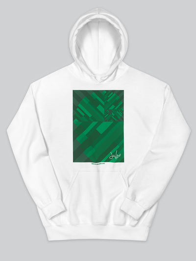 Felpa da uomo - donna con cappuccio, tasca a marsupio, a maniche lunghe. Hoodie in versione bianca con stampa colorata personalizzata incentrata sull’essenza, significato, personalità, psicologia, e proprietà del colore verde, sugli stimoli prodotti a livello emotivo ed energetico vibrazionale.
