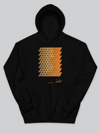Felpa da uomo - donna con cappuccio, tasca a marsupio, a maniche lunghe. Hoodie in versione nera con stampa colorata personalizzata incentrata sull’essenza, significato, personalità, psicologia, e proprietà del colore arancione, sugli stimoli prodotti a livello emotivo ed energetico vibrazionale.