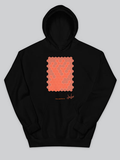 Felpa da uomo - donna con cappuccio, tasca a marsupio, a maniche lunghe. Hoodie in versione nera con stampa colorata personalizzata incentrata sull’essenza, significato, personalità, psicologia, e proprietà del colore corallo, sugli stimoli prodotti a livello emotivo ed energetico vibrazionale.