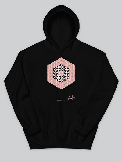 Felpa da uomo - donna con cappuccio, tasca a marsupio, a maniche lunghe. Hoodie in versione nera con stampa colorata personalizzata incentrata sull’essenza, significato, personalità, psicologia, e proprietà del colore rosa, sugli stimoli prodotti a livello emotivo ed energetico vibrazionale.
