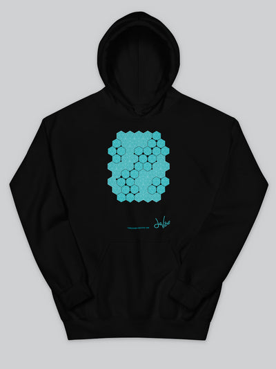 Felpa da uomo - donna con cappuccio, tasca a marsupio, a maniche lunghe. Hoodie in versione nera con stampa colorata personalizzata incentrata sull’essenza, significato, personalità, psicologia, e proprietà del colore turchese, sugli stimoli prodotti a livello emotivo ed energetico vibrazionale.