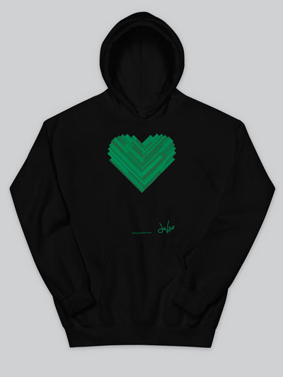 Felpa da uomo - donna con cappuccio, tasca a marsupio, a maniche lunghe. Hoodie in versione nera con stampa colorata personalizzata incentrata sull’essenza, significato, personalità, psicologia, e proprietà del colore verde, sugli stimoli prodotti a livello emotivo ed energetico vibrazionale.