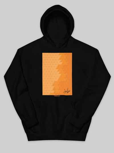 Felpa da uomo - donna con cappuccio, tasca a marsupio, a maniche lunghe. Hoodie in versione nera con stampa colorata personalizzata incentrata sull’essenza, significato, personalità, psicologia, e proprietà del colore arancione, sugli stimoli prodotti a livello emotivo ed energetico vibrazionale.