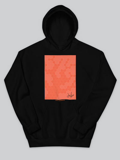 Felpa da uomo - donna con cappuccio, tasca a marsupio, a maniche lunghe. Hoodie in versione nera con stampa colorata personalizzata incentrata sull’essenza, significato, personalità, psicologia, e proprietà del colore corallo, sugli stimoli prodotti a livello emotivo ed energetico vibrazionale.