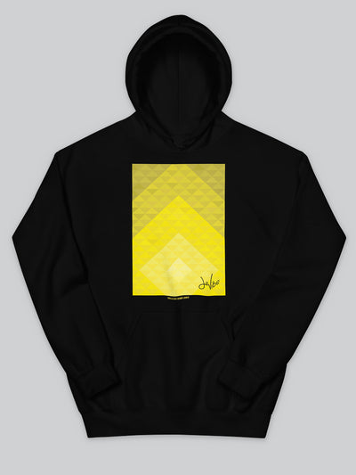 Felpa da uomo - donna con cappuccio, tasca a marsupio, a maniche lunghe. Hoodie in versione nera con stampa colorata personalizzata incentrata sull’essenza, significato, personalità, psicologia, e proprietà del colore giallo, sugli stimoli prodotti a livello emotivo ed energetico vibrazionale.