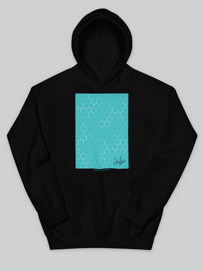 Felpa da uomo - donna con cappuccio, tasca a marsupio, a maniche lunghe. Hoodie in versione nera con stampa colorata personalizzata incentrata sull’essenza, significato, personalità, psicologia, e proprietà del colore turchese, sugli stimoli prodotti a livello emotivo ed energetico vibrazionale.