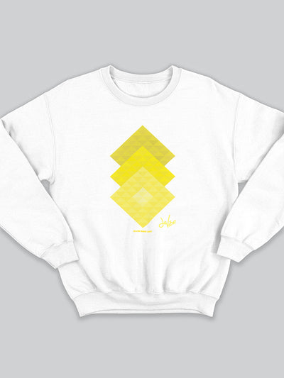 Felpa da uomo - donna senza cappuccio, girocollo, a maniche lunghe. Sweatshirt in versione bianca con stampa colorata personalizzata incentrata sull’essenza, significato, personalità, psicologia, e proprietà del colore giallo, sugli stimoli prodotti a livello emotivo ed energetico vibrazionale.