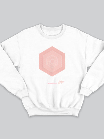 Felpa da uomo - donna senza cappuccio, girocollo, a maniche lunghe. Sweatshirt in versione bianca con stampa colorata personalizzata incentrata sull’essenza, significato, personalità, psicologia, e proprietà del colore rosa, sugli stimoli prodotti a livello emotivo ed energetico vibrazionale.