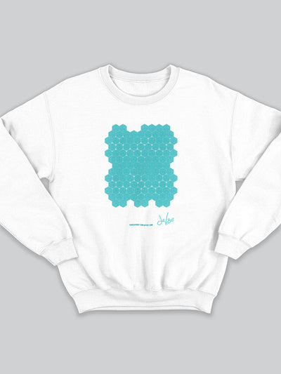Felpa da uomo - donna senza cappuccio, girocollo, a maniche lunghe. Sweatshirt in versione bianca con stampa colorata personalizzata incentrata sull’essenza, significato, personalità, psicologia, e proprietà del colore turchese, sugli stimoli prodotti a livello emotivo ed energetico vibrazionale.