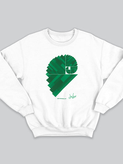 Felpa da uomo - donna senza cappuccio, girocollo, a maniche lunghe. Sweatshirt in versione bianca con stampa colorata personalizzata incentrata sull’essenza, significato, personalità, psicologia, e proprietà del colore verde, sugli stimoli prodotti a livello emotivo ed energetico vibrazionale.