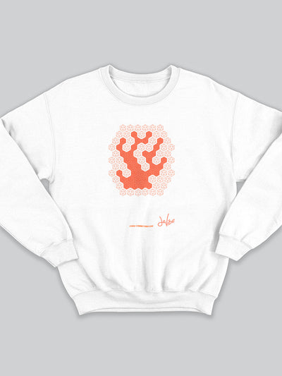 Felpa da uomo - donna senza cappuccio, girocollo, a maniche lunghe. Sweatshirt in versione bianca con stampa colorata personalizzata incentrata sull’essenza, significato, personalità, psicologia, e proprietà del colore corallo, sugli stimoli prodotti a livello emotivo ed energetico vibrazionale.