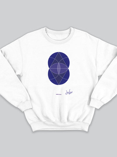 Felpa da uomo - donna senza cappuccio, girocollo, a maniche lunghe. Sweatshirt in versione bianca con stampa colorata personalizzata incentrata sull’essenza, significato, personalità, psicologia, e proprietà del colore indaco, sugli stimoli prodotti a livello emotivo ed energetico vibrazionale.