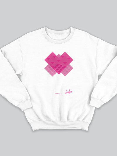 Felpa da uomo - donna senza cappuccio, girocollo, a maniche lunghe. Sweatshirt in versione bianca con stampa colorata personalizzata incentrata sull’essenza, significato, personalità, psicologia, e proprietà del colore magenta, sugli stimoli prodotti a livello emotivo ed energetico vibrazionale.