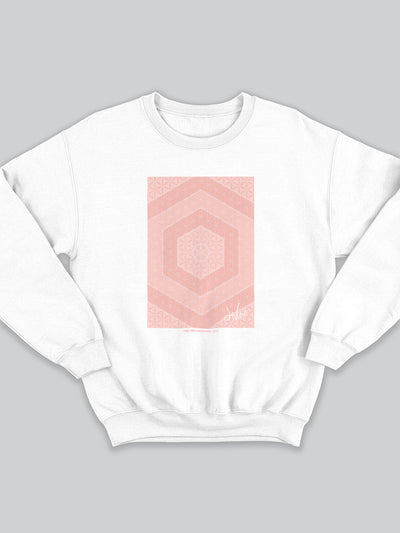 Felpa da uomo - donna senza cappuccio, girocollo, a maniche lunghe. Sweatshirt in versione bianca con stampa colorata personalizzata incentrata sull’essenza, significato, personalità, psicologia, e proprietà del colore rosa, sugli stimoli prodotti a livello emotivo ed energetico vibrazionale.