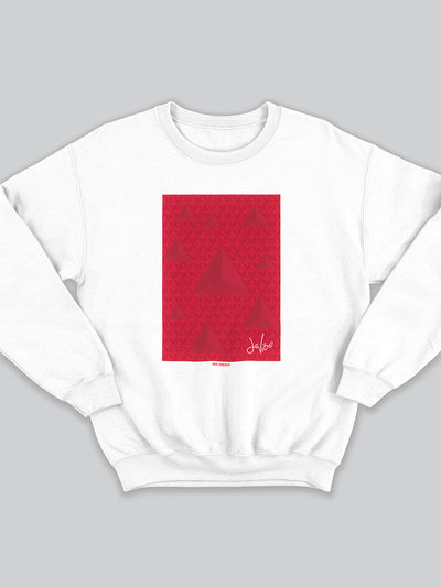 Felpa da uomo - donna senza cappuccio, girocollo, a maniche lunghe. Sweatshirt in versione bianca con stampa colorata personalizzata incentrata sull’essenza, significato, personalità, psicologia, e proprietà del colore rosso, sugli stimoli prodotti a livello emotivo ed energetico vibrazionale.