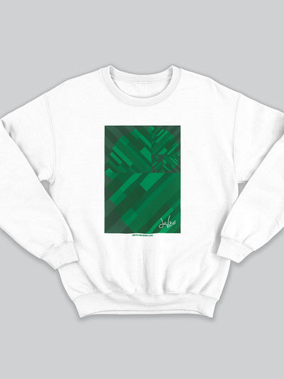 Felpa da uomo - donna senza cappuccio, girocollo, a maniche lunghe. Sweatshirt in versione bianca con stampa colorata personalizzata incentrata sull’essenza, significato, personalità, psicologia, e proprietà del colore verde, sugli stimoli prodotti a livello emotivo ed energetico vibrazionale.
