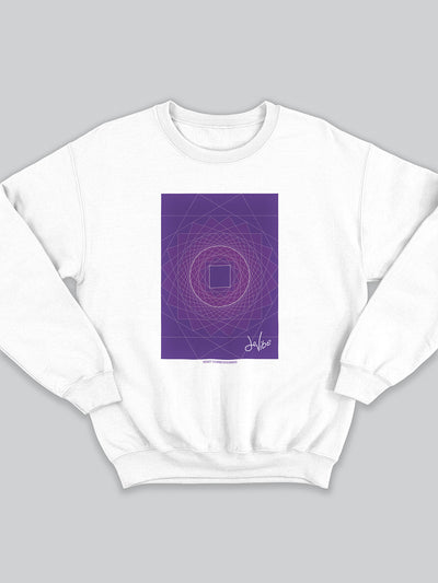 Felpa da uomo - donna senza cappuccio, girocollo, a maniche lunghe. Sweatshirt in versione bianca con stampa colorata personalizzata incentrata sull’essenza, significato, personalità, psicologia, e proprietà del colore viola, sugli stimoli prodotti a livello emotivo ed energetico vibrazionale.