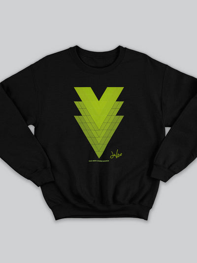 Felpa da uomo - donna senza cappuccio, girocollo, a maniche lunghe. Sweatshirt in versione nera con stampa colorata personalizzata incentrata sull’essenza, significato, personalità, psicologia, e proprietà del colore verde oliva, sugli stimoli prodotti a livello emotivo ed energetico vibrazionale.