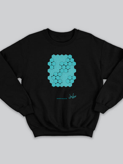 Felpa da uomo - donna senza cappuccio, girocollo, a maniche lunghe. Sweatshirt in versione nera con stampa colorata personalizzata incentrata sull’essenza, significato, personalità, psicologia, e proprietà del colore turchese, sugli stimoli prodotti a livello emotivo ed energetico vibrazionale.