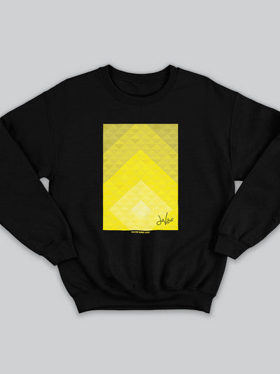 Felpa da uomo - donna senza cappuccio, girocollo, a maniche lunghe. Sweatshirt in versione nera con stampa colorata personalizzata incentrata sull’essenza, significato, personalità, psicologia, e proprietà del colore giallo, sugli stimoli prodotti a livello emotivo ed energetico vibrazionale.