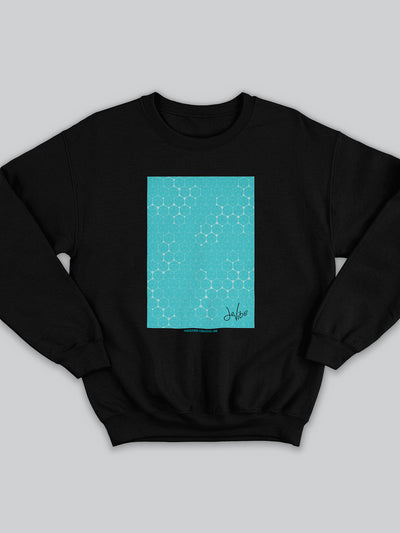 Felpa da uomo - donna senza cappuccio, girocollo, a maniche lunghe. Sweatshirt in versione nera con stampa colorata personalizzata incentrata sull’essenza, significato, personalità, psicologia, e proprietà del colore turchese, sugli stimoli prodotti a livello emotivo ed energetico vibrazionale.