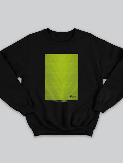 Felpa da uomo - donna senza cappuccio, girocollo, a maniche lunghe. Sweatshirt in versione nera con stampa colorata personalizzata incentrata sull’essenza, significato, personalità, psicologia, e proprietà del colore verde oliva, sugli stimoli prodotti a livello emotivo ed energetico vibrazionale.