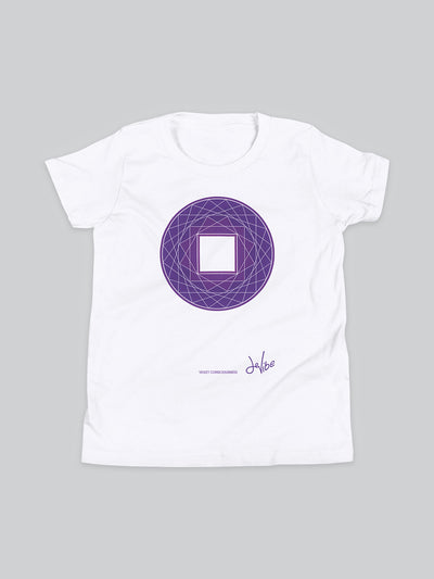 Maglietta a maniche corte da bambino, 100% cotone di alta qualità, eco friendly. T Shirt in versione bianca con stampa colorata personalizzata incentrata sull’essenza, significato, personalità, psicologia, e proprietà del colore viola, sugli stimoli prodotti a livello emotivo ed energetico vibrazionale.