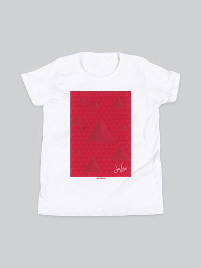 Maglietta a maniche corte da bambino, 100% cotone di alta qualità, eco friendly. T Shirt in versione bianca con stampa colorata personalizzata incentrata sull’essenza, significato, personalità, psicologia, e proprietà del colore rosso, sugli stimoli prodotti a livello emotivo ed energetico vibrazionale.