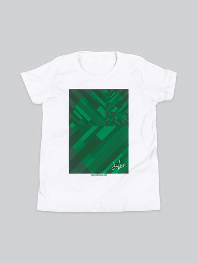 Maglietta a maniche corte da bambino, 100% cotone di alta qualità, eco friendly. T Shirt in versione bianca con stampa colorata personalizzata incentrata sull’essenza, significato, personalità, psicologia, e proprietà del colore verde, sugli stimoli prodotti a livello emotivo ed energetico vibrazionale.