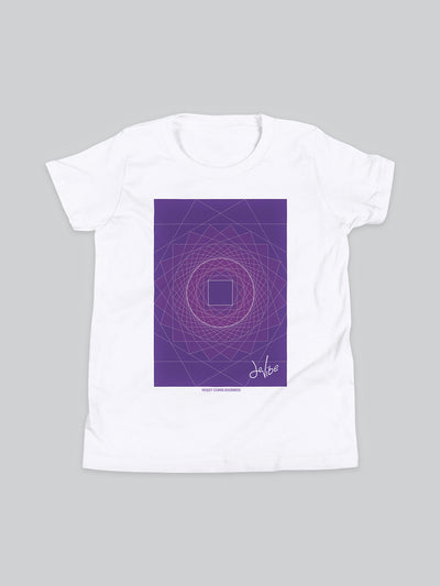 Maglietta a maniche corte da bambino, 100% cotone di alta qualità, eco friendly. T Shirt in versione bianca con stampa colorata personalizzata incentrata sull’essenza, significato, personalità, psicologia, e proprietà del colore viola, sugli stimoli prodotti a livello emotivo ed energetico vibrazionale.