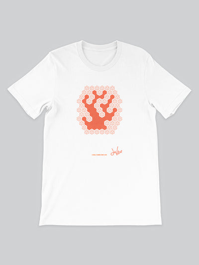 Maglietta a maniche corte da uomo - donna, 100% cotone di alta qualità, eco friendly. T Shirt in versione bianca con stampa colorata personalizzata incentrata sull’essenza, significato, personalità, psicologia, e proprietà del colore corallo, sugli stimoli prodotti a livello emotivo ed energetico vibrazionale.